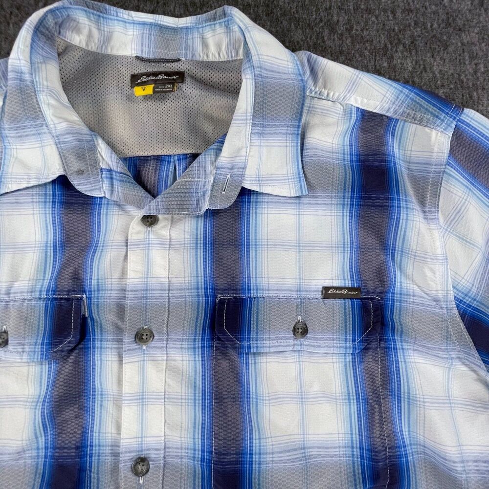 Eddie Bauer 2X Blue Plaid Fishing Shirt Mesh Vent Short Sleeve Hiking Gorpcore - Picture 3 of 12